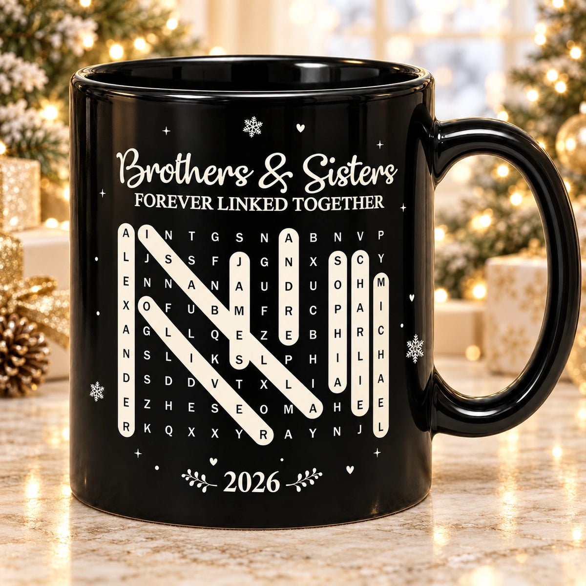 Personalized Brothers & Sisters Word Search Mug, Custom Names & Year, Meaningful Sibling Gift