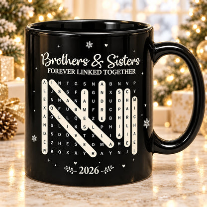 Personalized Brothers & Sisters Word Search Mug, Custom Names & Year, Meaningful Sibling Gift