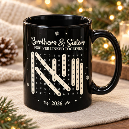 Personalized Brothers & Sisters Word Search Mug, Custom Names & Year, Meaningful Sibling Gift