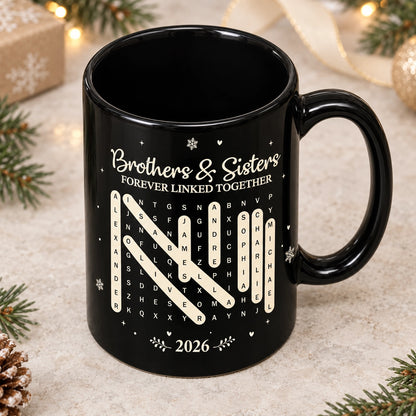Personalized Brothers & Sisters Word Search Mug, Custom Names & Year, Meaningful Sibling Gift