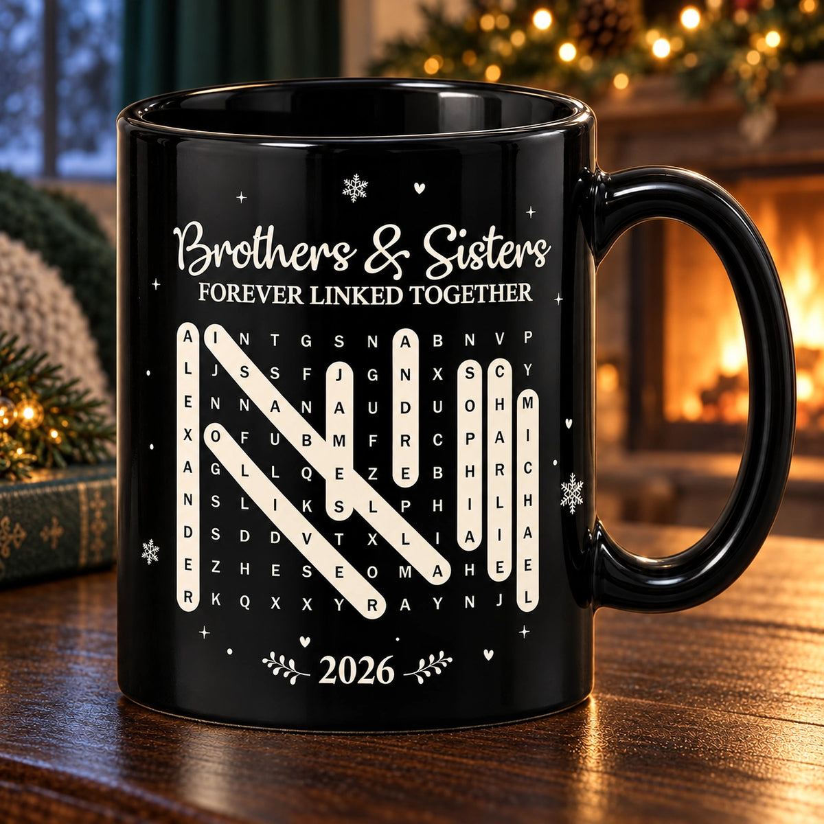 Personalized Brothers & Sisters Word Search Mug, Custom Names & Year, Meaningful Sibling Gift