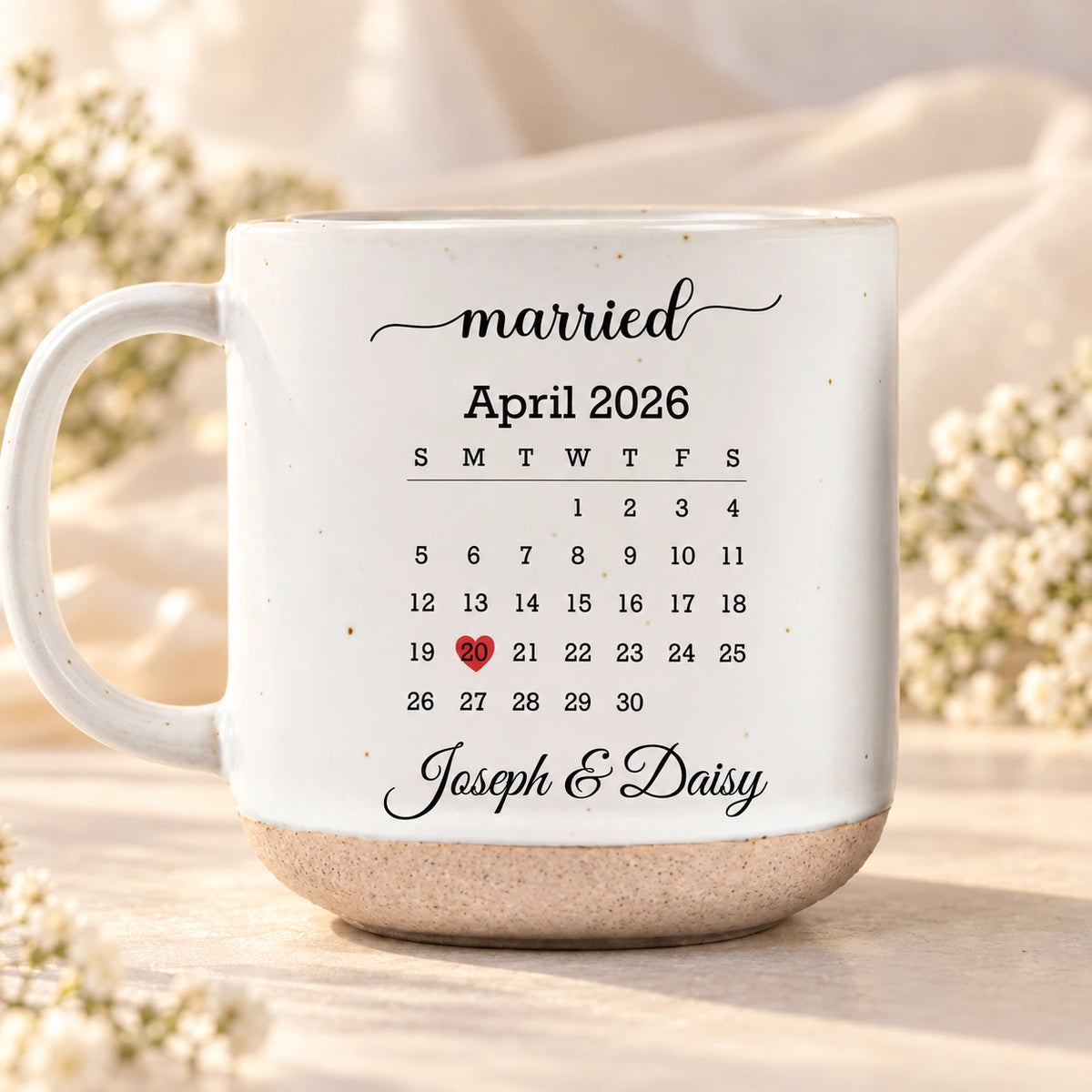 Personalized Wedding Date Calendar Mug or Vase, Custom Names & Heart, Romantic Anniversary Gift for Couples