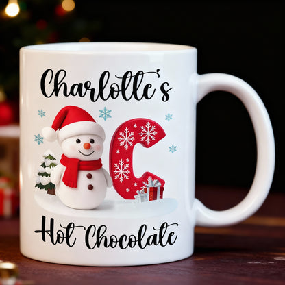 Custom Snowman Initial White Ceramic Mug for Hot Chocolate & Morning Coffee – Festive Personalized Christmas Gift, Fun and Cute Winter Present