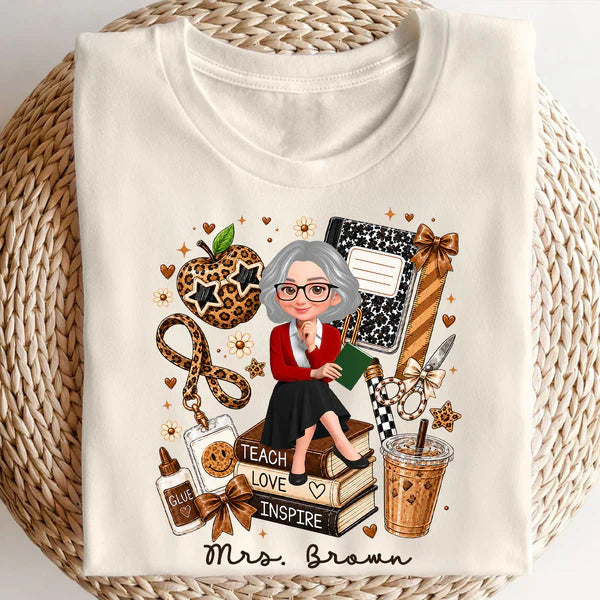 Personalized Teacher Classic Tee, Sitting Teacher & Leopard Apple, Unique Back to School Gift