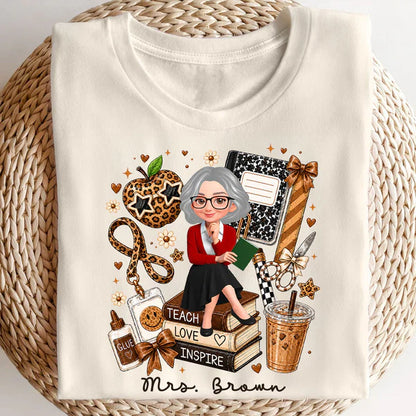 Personalized Teacher Classic Tee, Sitting Teacher & Leopard Apple, Unique Back to School Gift