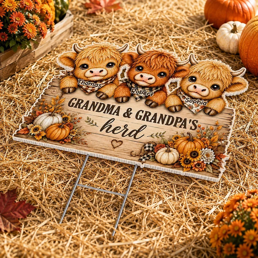 Personalized Grandma & Grandpa's Herd Shaped Yard Sign, Cows Peeking in Autumn, Creative Family Gift