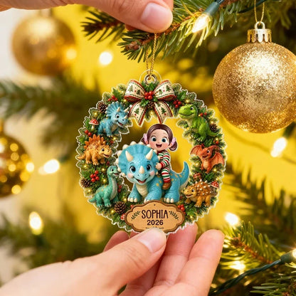 Personalized Acrylic Ornament, Smiling Child Riding a Dinosaur in a Christmas Wreath, Unique Gift for Kids