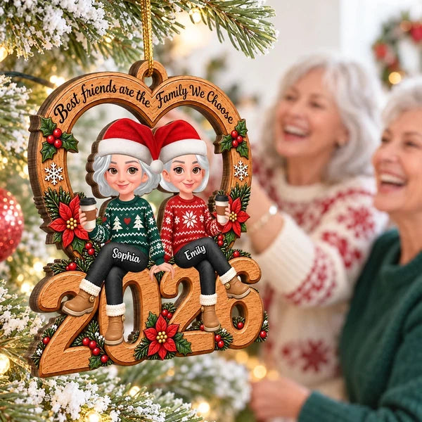 Personalized Wooden Ornament, Friends Sitting with Coffee in Festive Red and Green, Unique Christmas Gift for a Friend