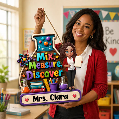 Personalized Wooden Sign With Standing Teacher Illustration, Colorful Classroom Theme, Unique Creative Gift for Teacher
