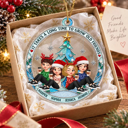 Personalized Acrylic Ornament, Seated Friends by a Turquoise Christmas Tree, Unique Gift for Best Friend