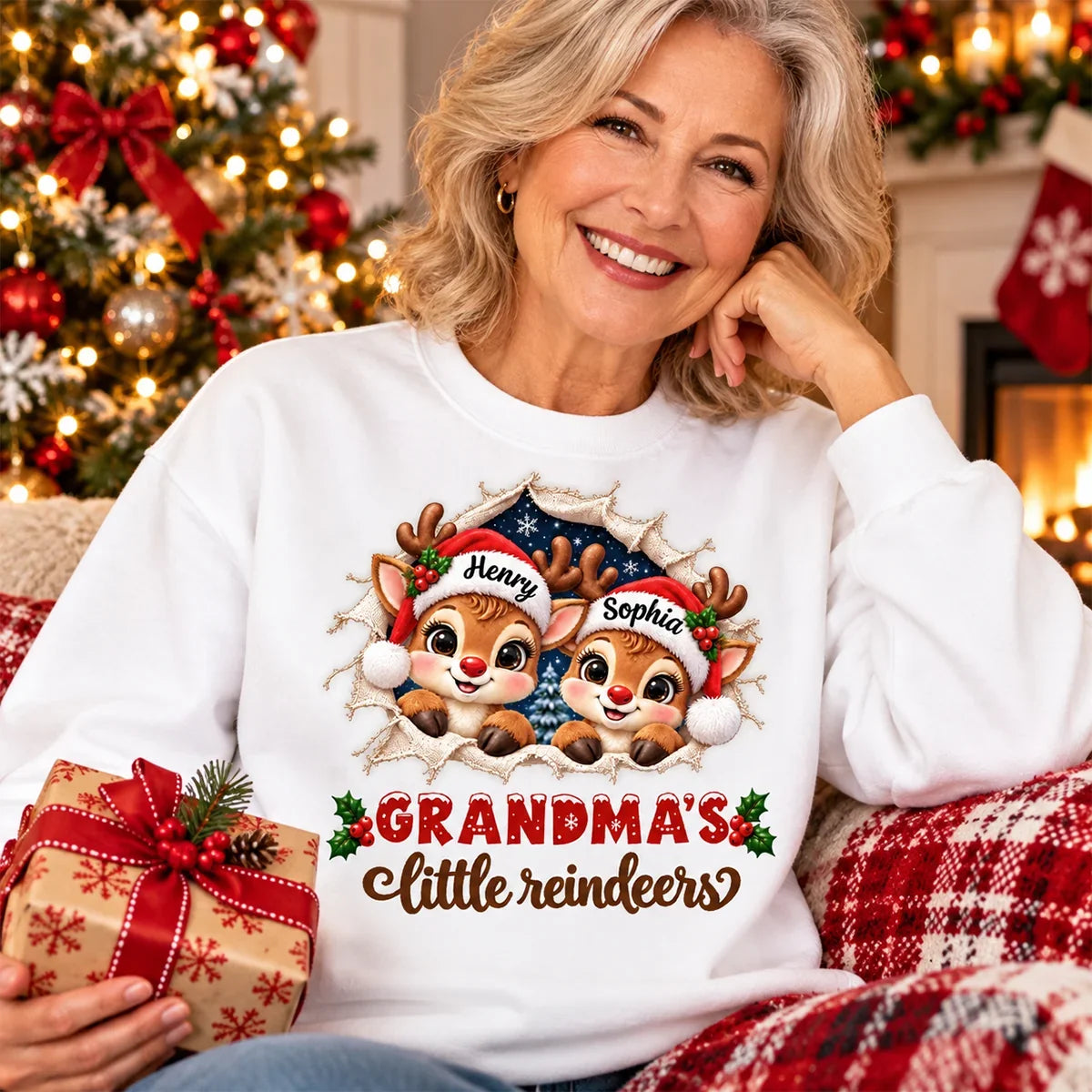 Personalized Classic Tee, Cute Reindeer Peeking Through Snow, Unique Christmas Gift for Grandma