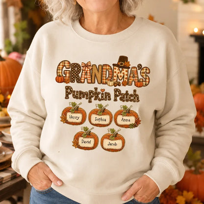 Personalized Grandma's Pumpkin Patch Sweatshirt, Autumn Patchwork Pumpkins, Unique Gift for Grandma