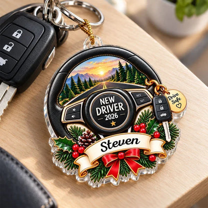 Personalized Acrylic Ornament, New Driver Steering Wheel on a Sunset Mountain Road, Unique Gift