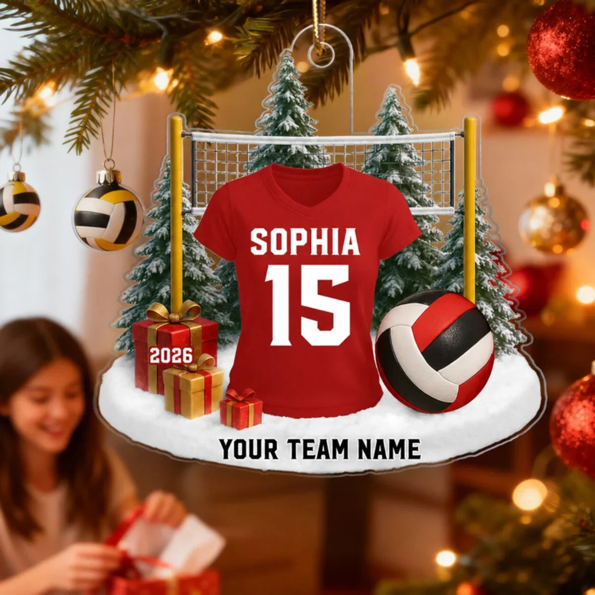 Personalized Acrylic Ornament, Red Volleyball Jersey in a Snowy Scene, Unique Christmas Gift for Players