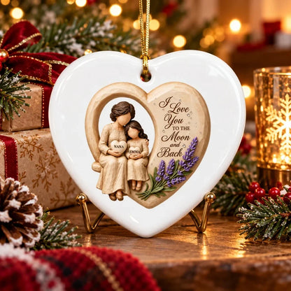 Personalized Ceramic Heart Ornament, Seated Grandma and Granddaughter Christmas Scene, Unique Family Gift