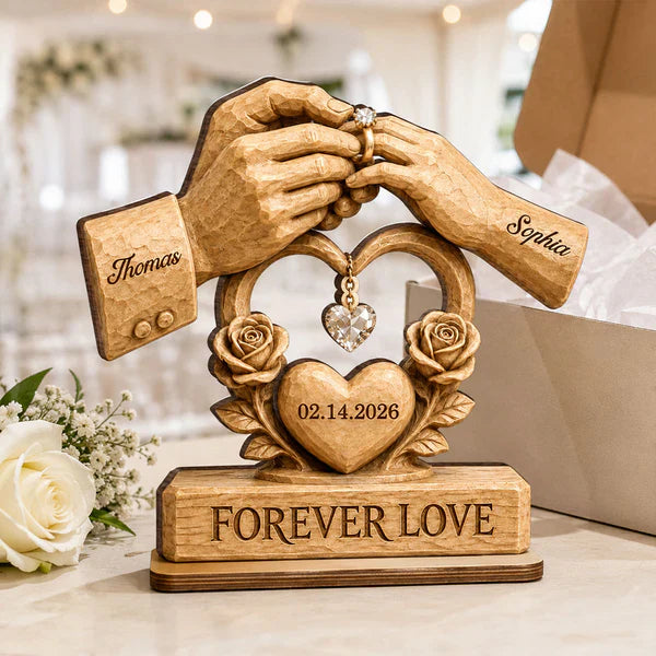 Personalized Layered Wooden Plaque For Couple, Unique Wedding Gift With Warm Ring Exchange Scene