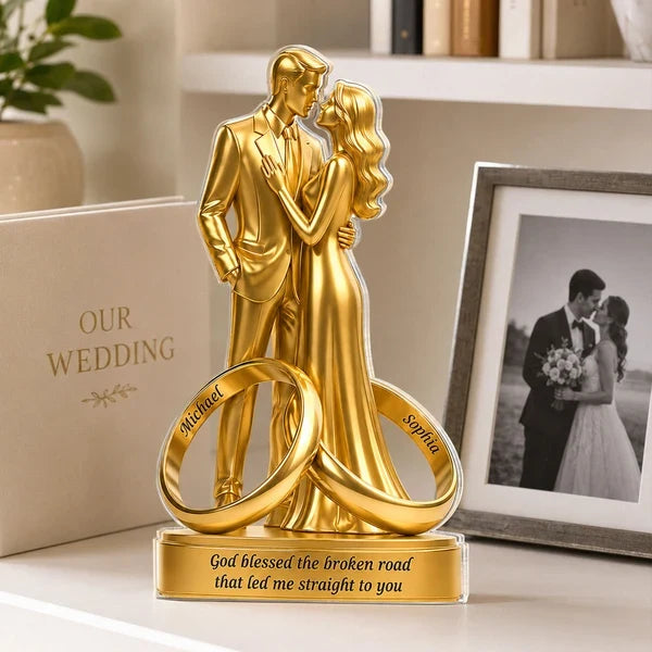 Shaped Acrylic Block Plaque, Personalized Golden Couple & Rings, Creative Romantic Gift for Spouse