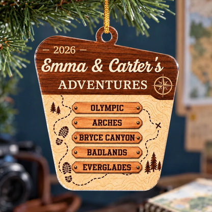 Personalized Acrylic Ornament with Park Map Trail, Compass & Pines, Unique Travel Gift for Couples