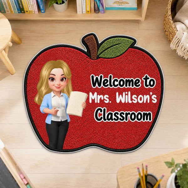 Personalized Shaped Doormat with Smiling Teacher & Apple, Unique Back to School Gift for Teacher