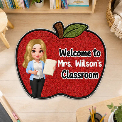Personalized Shaped Doormat with Smiling Teacher & Apple, Unique Back to School Gift for Teacher