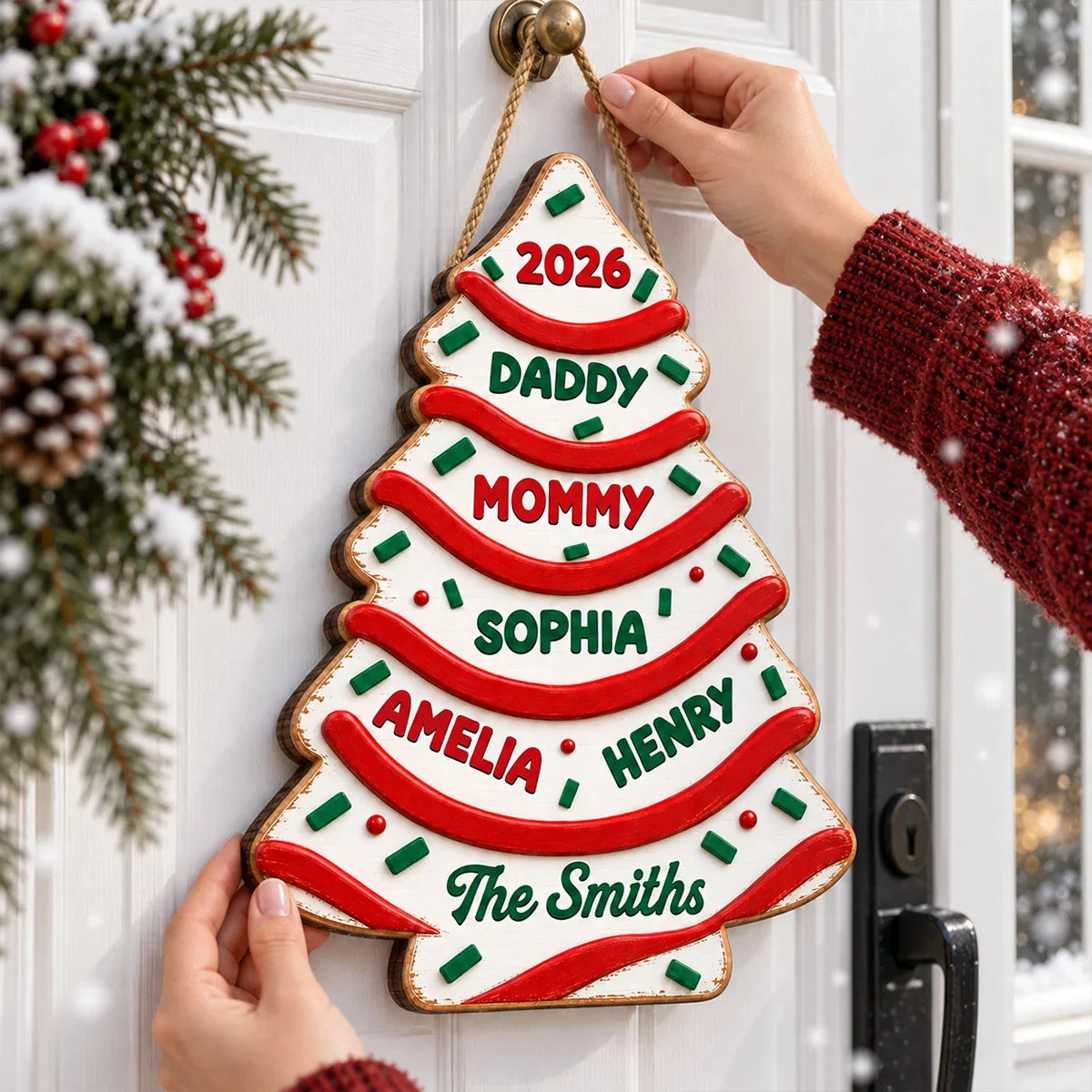 Personalized Family Christmas Tree Cake Wooden Sign, Custom Front Door Decor, Creative Gift for Families
