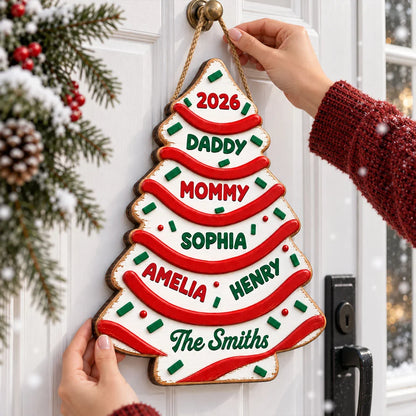 Personalized Family Christmas Tree Cake Wooden Sign, Custom Front Door Decor, Creative Gift for Families