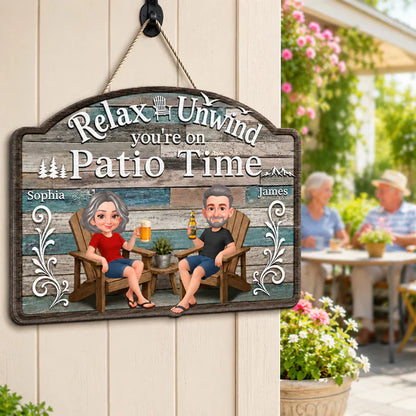 Personalized Wooden Sign, Relax & Unwind Patio Time Couple Cartoon, Unique Gift for Patio Lovers