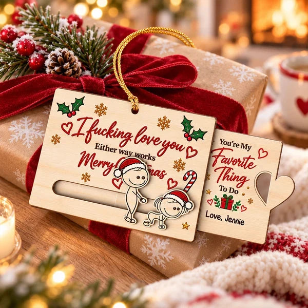 Personalized Wooden Sliding Ornament, Playfully Posing Cartoon Couple, Unique Christmas Gift for Partner