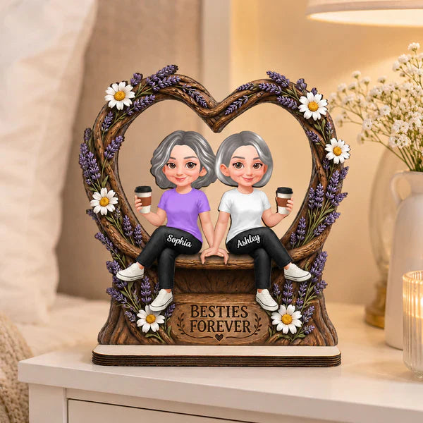 Personalized 2-Layer Wooden Plaque with Sitting Friends, Lavender Heart, Unique Gift for Besties