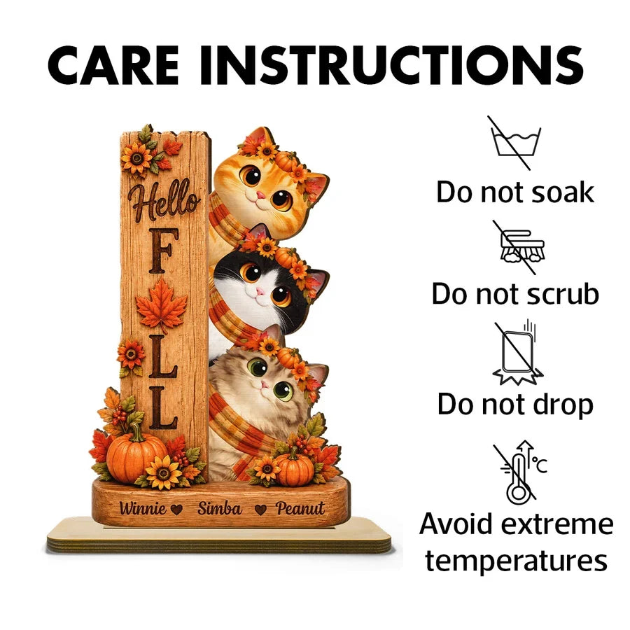 Hello Fall Wooden Plaque, Peeking Cartoon Cats and Autumn Leaves, Personalized Keepsake and Creative Gift for Pet Owners