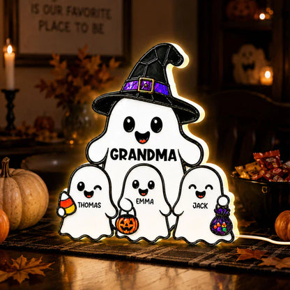 Personalized Acrylic Light Box, Cute Ghost Grandma Halloween Decor, Unique Gift With Warm Glow