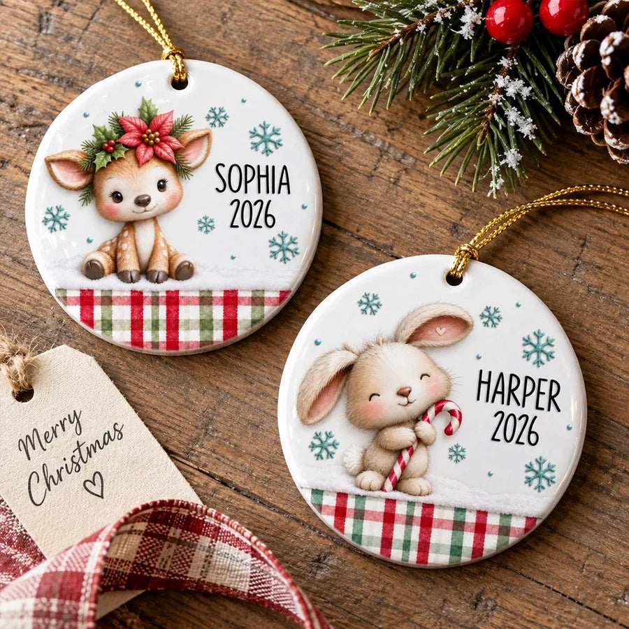 Personalized Ceramic Ornament, Cute Woodland Animals with Cookies and Stocking, Unique Gift for Kids