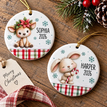 Personalized Ceramic Ornament, Cute Woodland Animals with Cookies and Stocking, Unique Gift for Kids