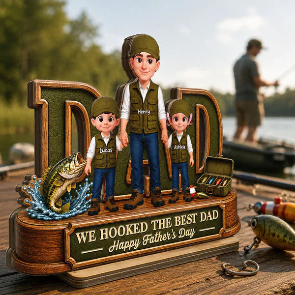 Personalized 2-Layer Wooden Plaque for Fishing Dad, Dad and Kids Holding Hands, Unique Father's Day Gift