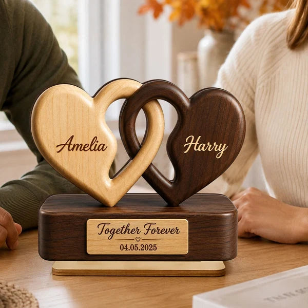 Personalized 2-Layer Wooden Plaque, Interlocking Hearts in Warm Tones, Unique Gift for Couple