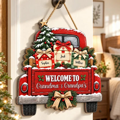 Personalized Wooden Sign with Snowy Red Christmas Truck, Unique Gift for Grandma & Grandpa
