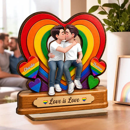 Personalized 2-Layer Wooden Plaque with Kissing LGBTQ Couple, Rainbow Heart, Unique Gift for Partner