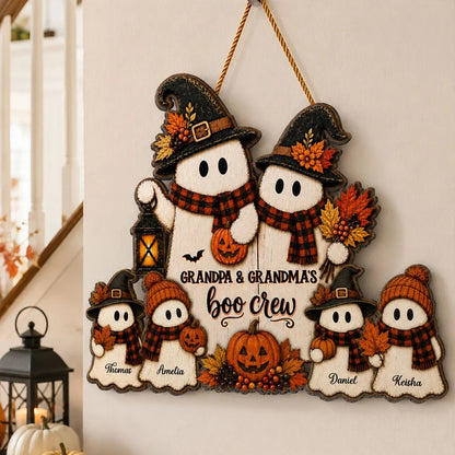 Personalized Grandpa and Grandma's Boo Crew Wooden Sign, Vintage Ghost Family Decor, Creative Gift for Grandparents