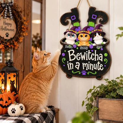 Bewitcha in a Minute Personalized Wooden Sign, Playful Witch Cats, Creative Halloween Gift for Cat Lovers