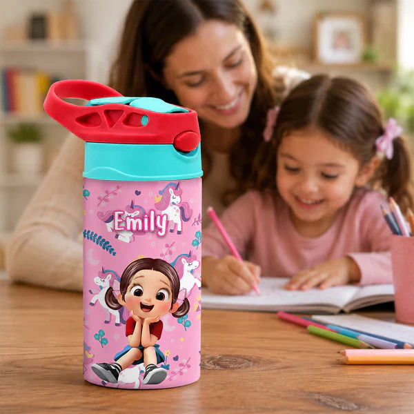 Personalized Kids Water Bottle with Pink Unicorn Pattern, Unique Creative Gift for Daughter