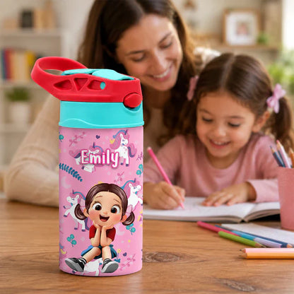 Personalized Kids Water Bottle with Pink Unicorn Pattern, Unique Creative Gift for Daughter
