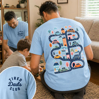 Personalized Classic Tee, Tired Dads Club & Play Cars on Dad's Back, Unique Father's Day Gift for Dad