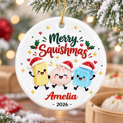 Personalized Ceramic Ornament, Merry Squishmas Cartoon Keepsake, Unique Christmas Gift for Squishy Fans