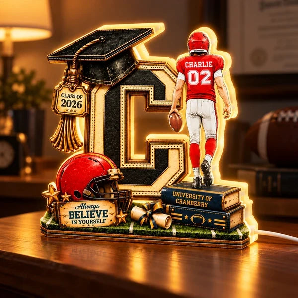 Personalized Acrylic Light Box, Football Graduate Walking with a Ball, Creative Gift for Son or Grandson
