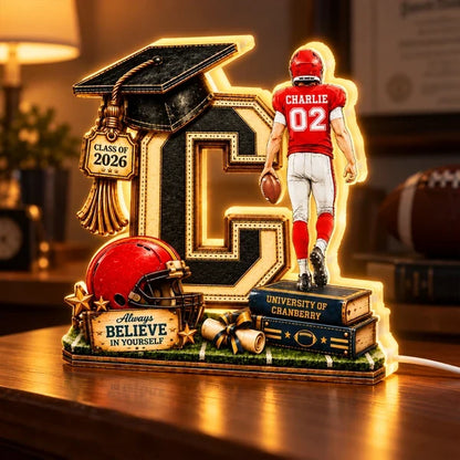 Personalized Acrylic Light Box, Football Graduate Walking with a Ball, Creative Gift for Son or Grandson