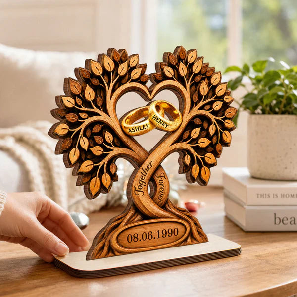 Personalized 2-Layer Wooden Plaque With Heart Tree & Rings, Unique Anniversary Gift For Couples