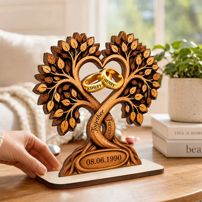 Personalized 2-Layer Wooden Plaque With Heart Tree & Rings, Unique Anniversary Gift For Couples