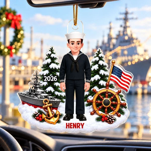 Personalized Acrylic Ornament, Standing Cartoon Navy Sailor in Snowy Scene, Unique Christmas Gift for Service Members