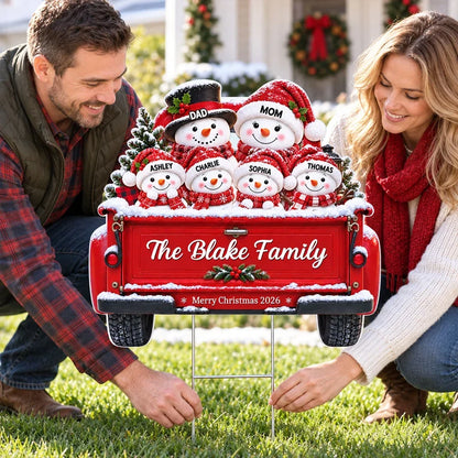 Personalized Shaped Yard Sign, Snowman Family Riding in a Red Truck, Christmas Decor, Unique Gift for Family