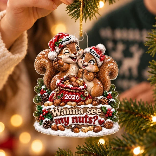 Personalized Acrylic Ornament with Cuddling Christmas Squirrels, Creative Gift for Couples